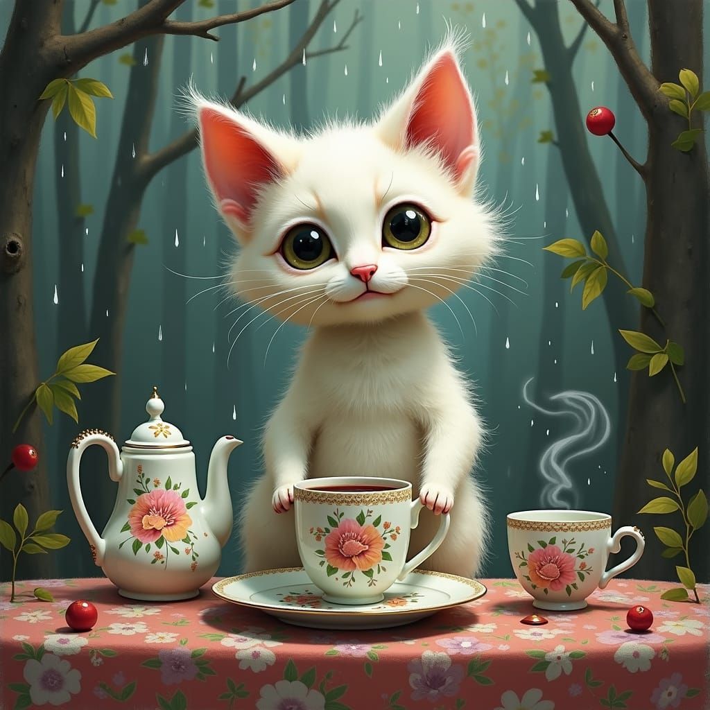 Whimsical Kitten's Tea Party in Rainy Woods