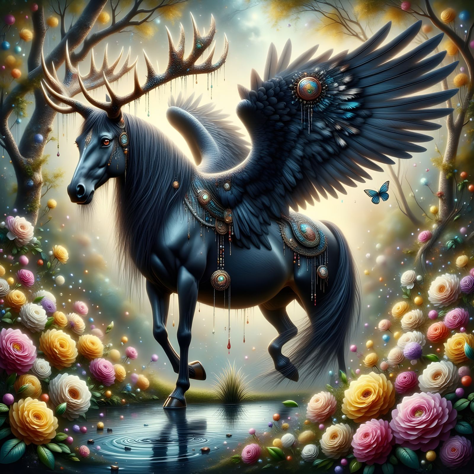 Ethereal Black Pegasus Mare in Whimsical Landscape