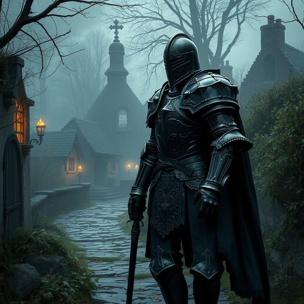Chrome Knight in Gothic Armor in Misty Village