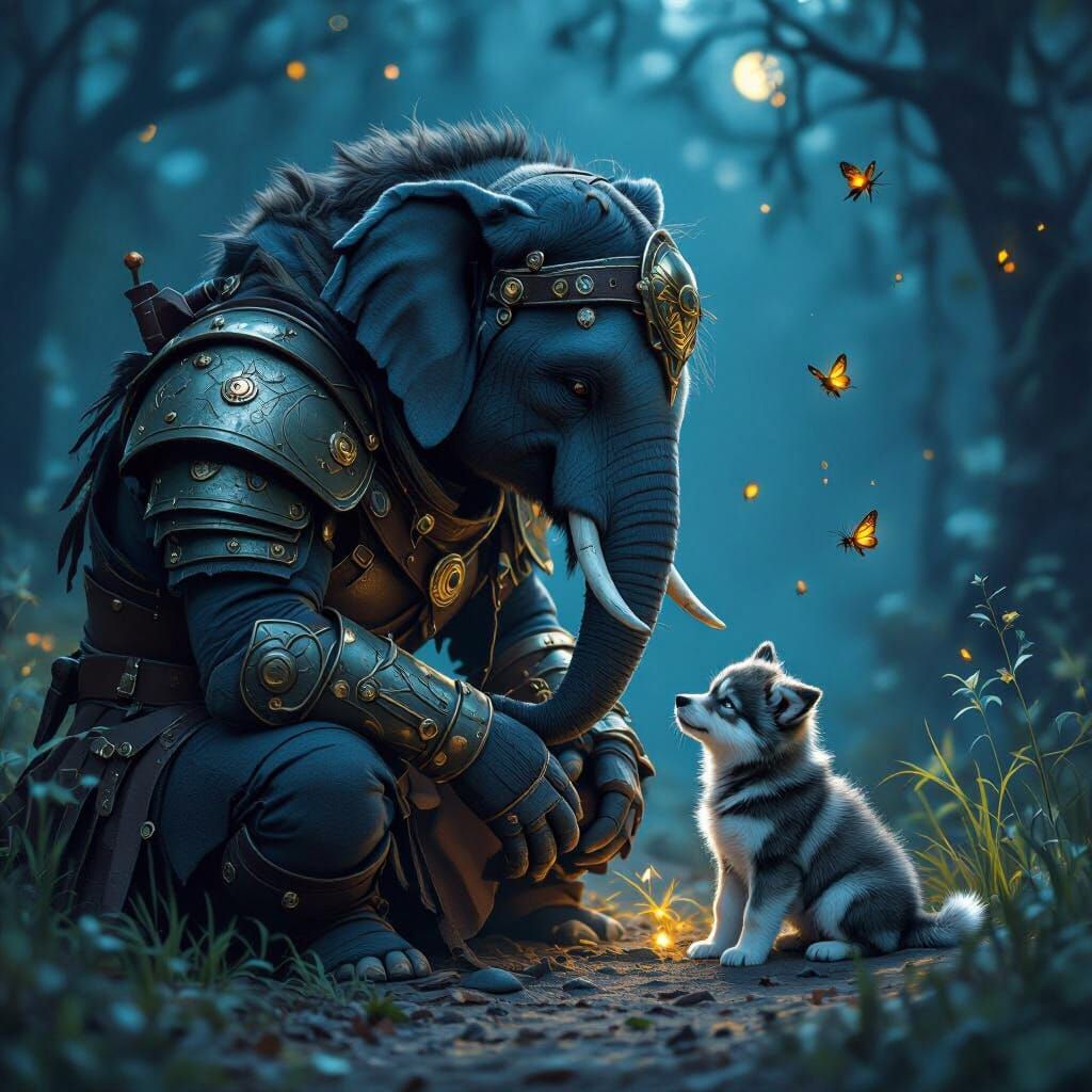 Elephant Man and Puppy in Ethereal Night Scene