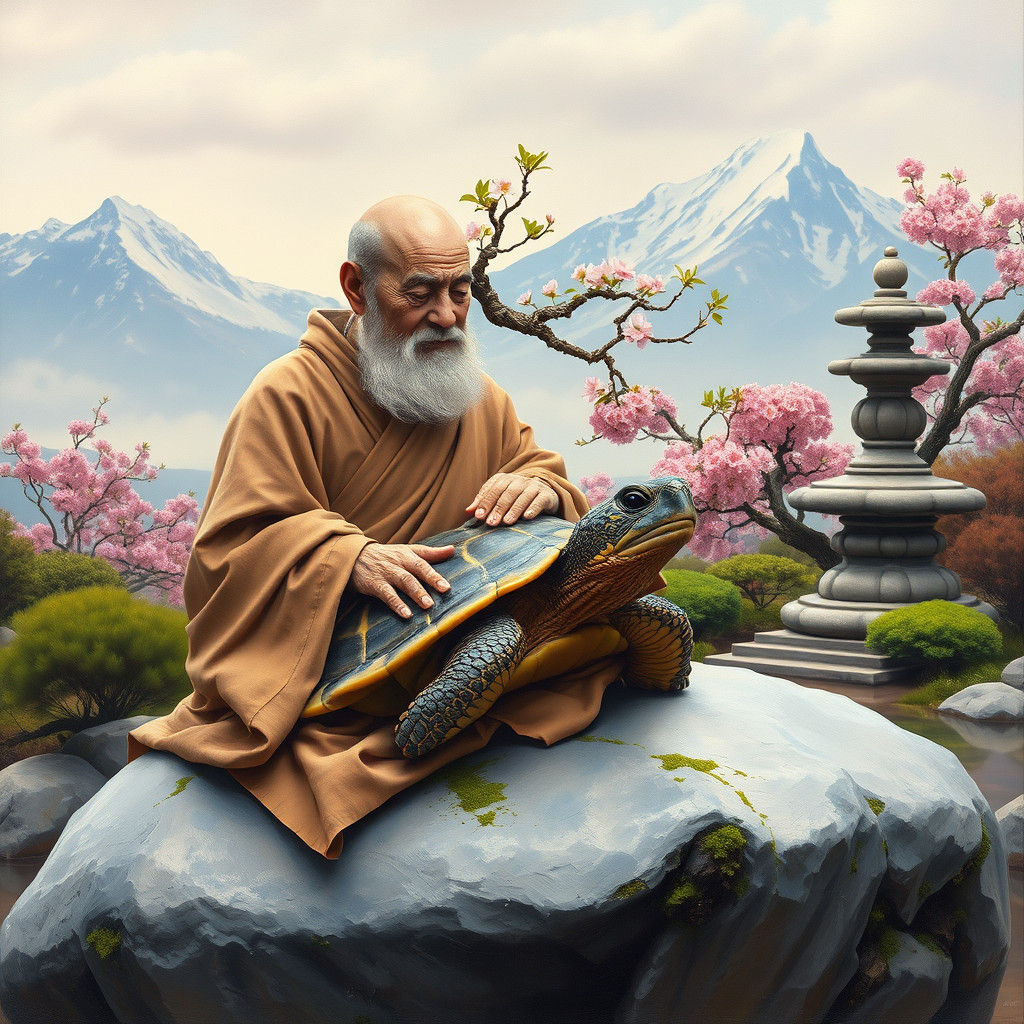 Wise Turtle Monk with Bonsai Tree: Airbrushed Oil Painting