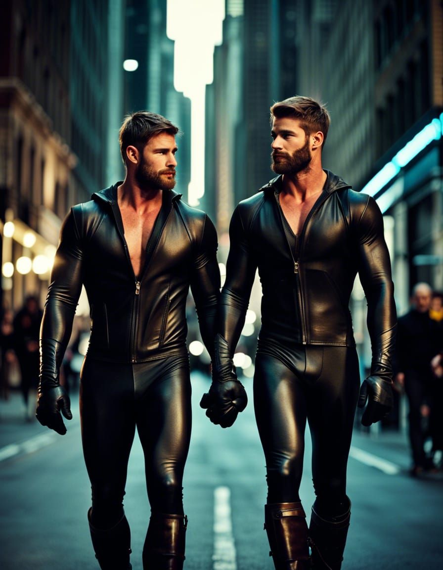 Muscular Men in Rubber Suits Stroll City Street