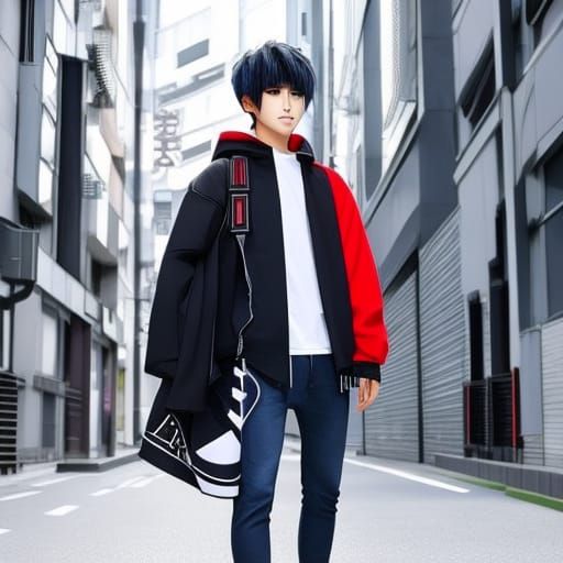 Anime Boy in Warcore Streetwear, Manga Style