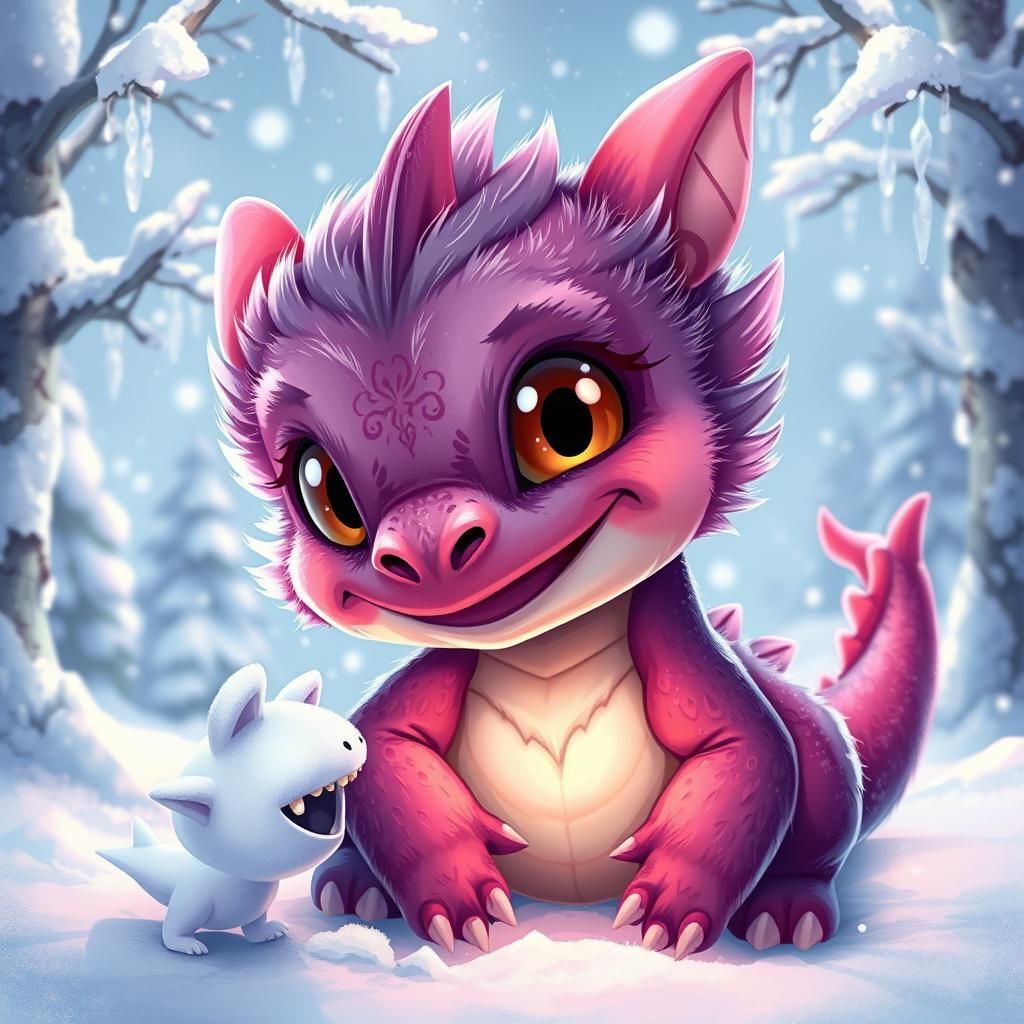 Dragon Hatchling Builds a Snow Dragon in Pastel Colors