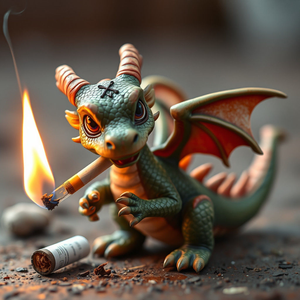 Hyperrealistic Miniature Dragon Lighting Cigarette
