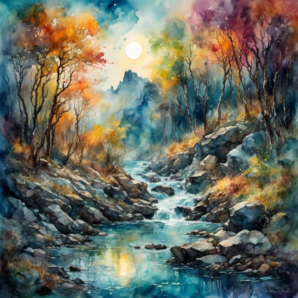 Watercolor Moonrise Over Rocky Coastline