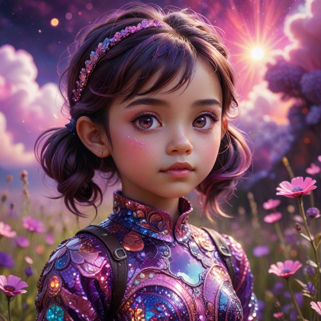 Psychedelic Fractal Toddler Girl in Chibi Style