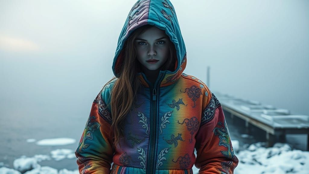 Girl in Rainbow Garments in Dystopian Winter