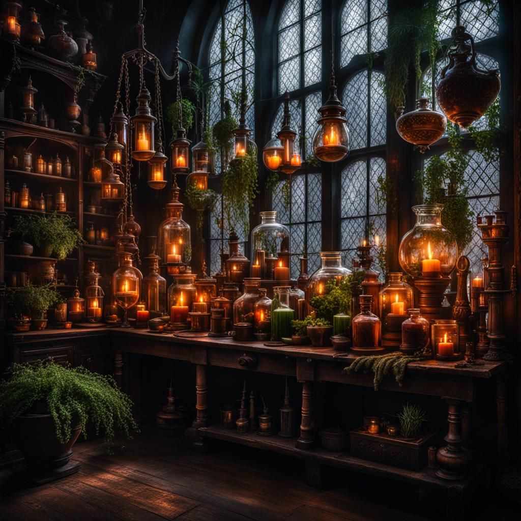 Medieval Alchemy Lab with Potions and Candlelight