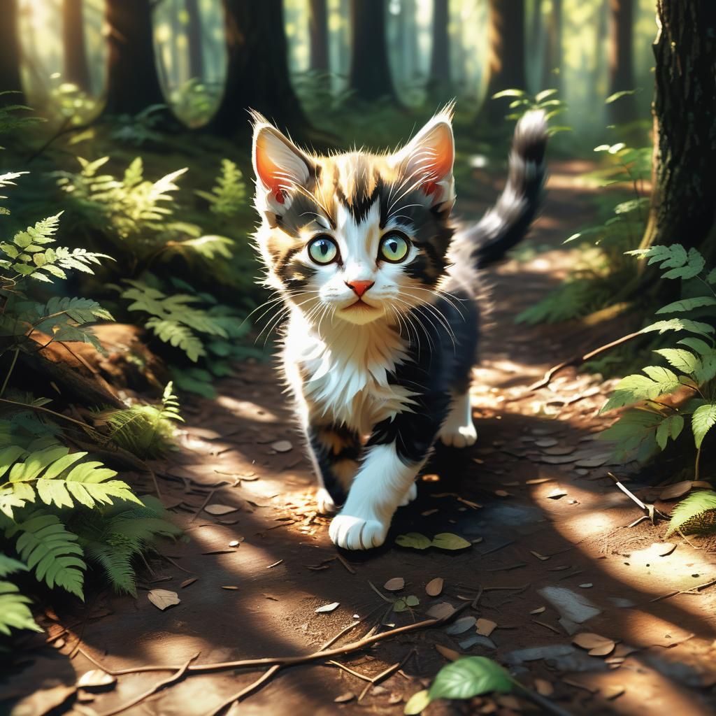 Kitten's Forest Walk: Hyperrealistic Digital Art