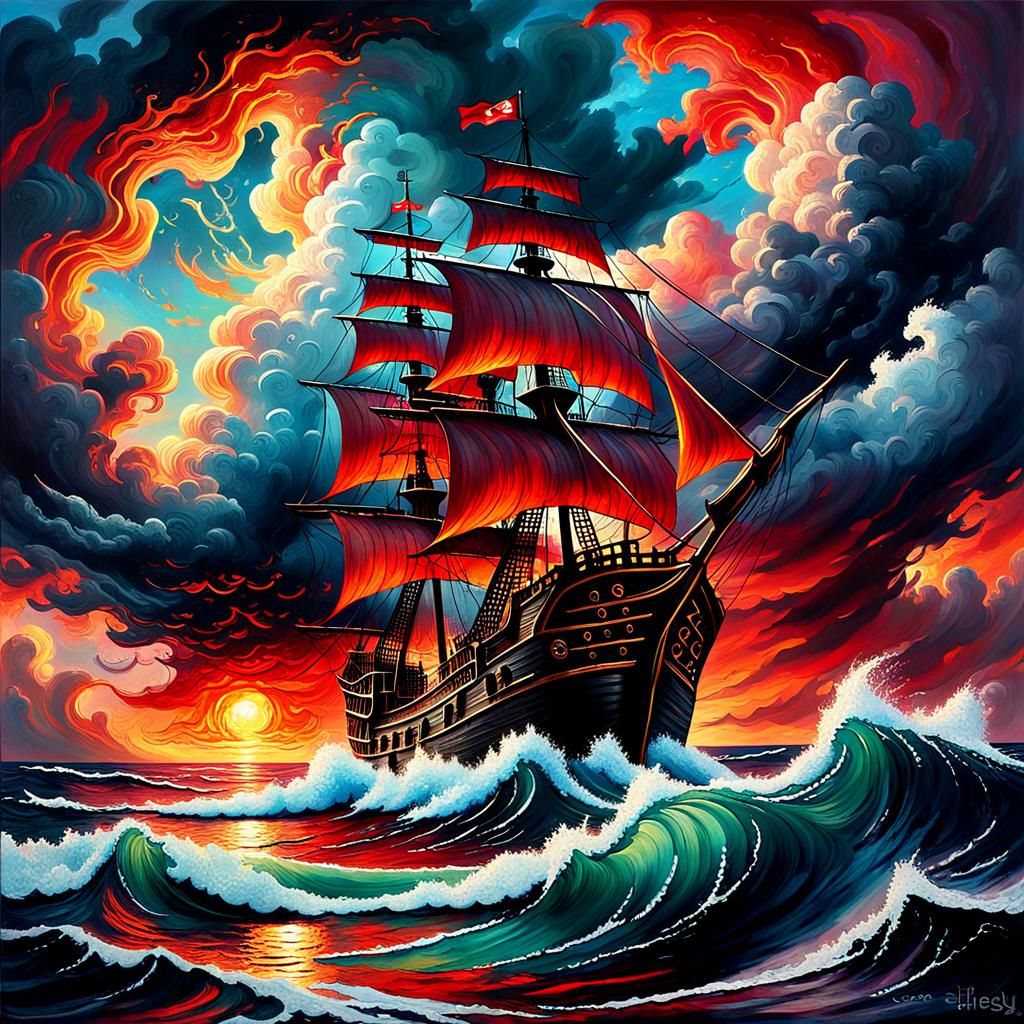 A high-definition 3D hd gothic oil painting of a pirate ship in a majestic and vibrant ocean waves storm