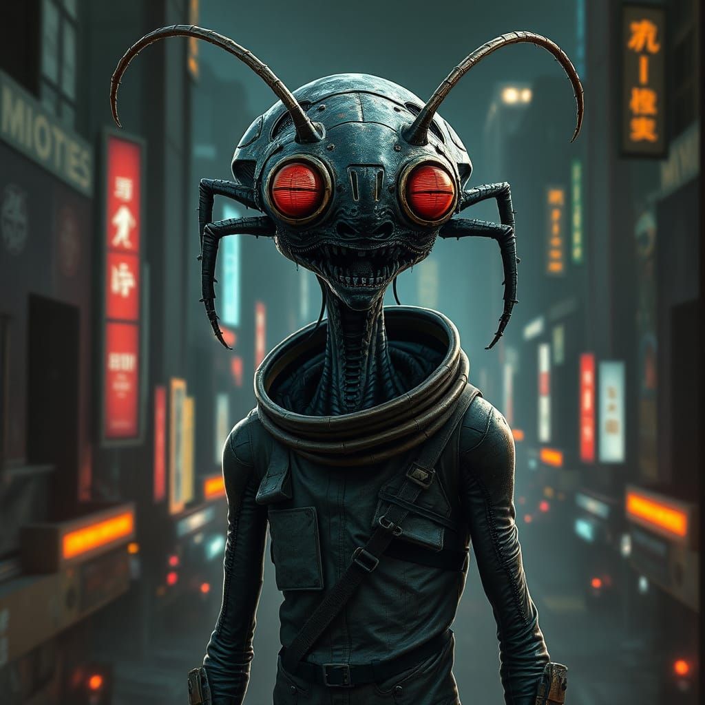 Alien in Cockroach Mask, Cyberpunk Cityscape