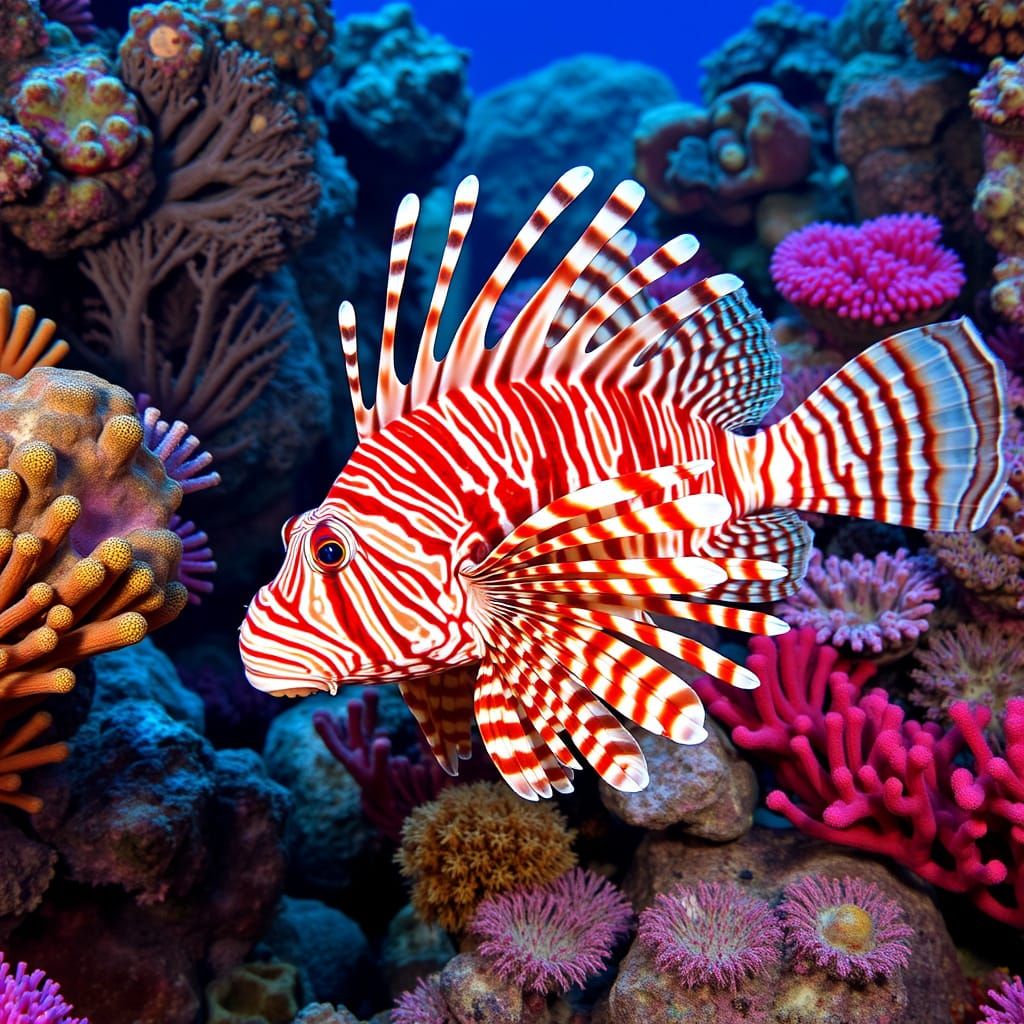 Vibrant Lionfish Swimming Among Coral Reefs