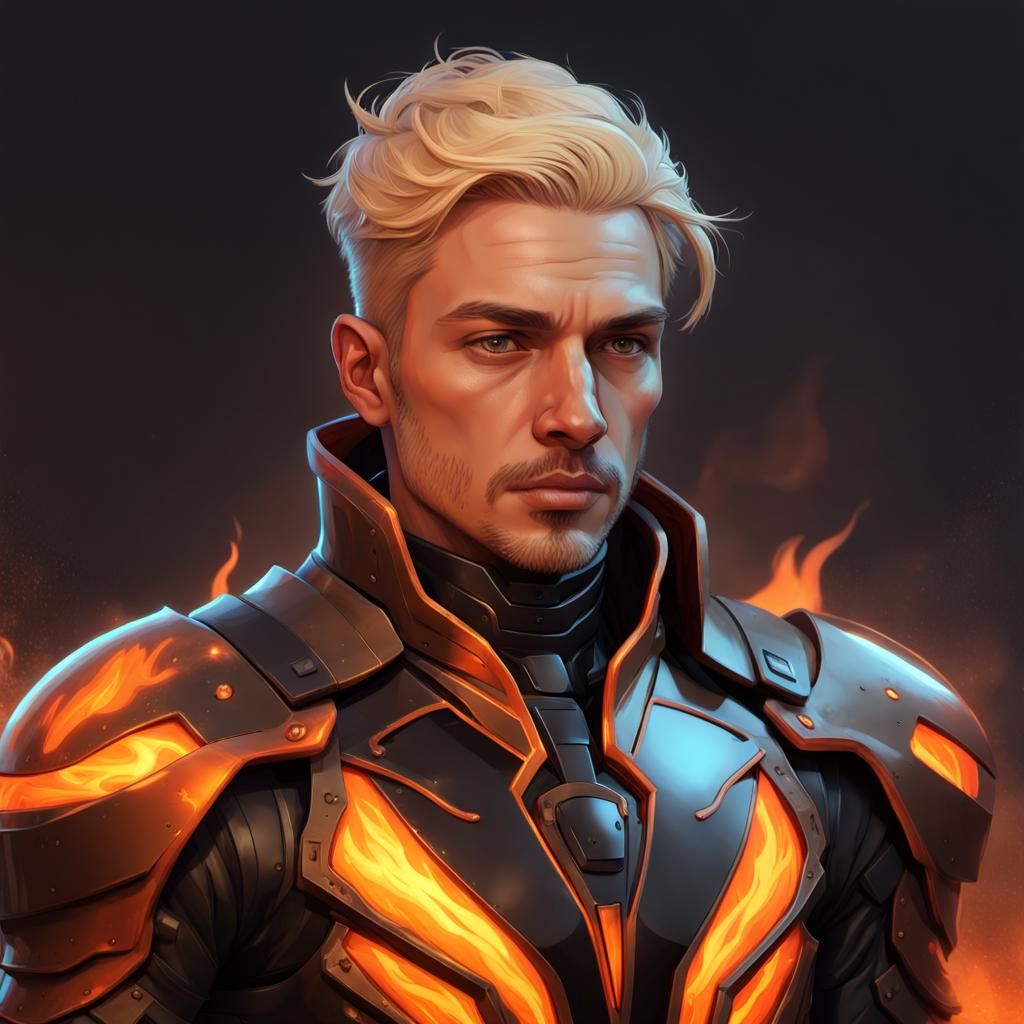 Futuristic Hispanic Man in Flames: Hyperdetailed Portrait
