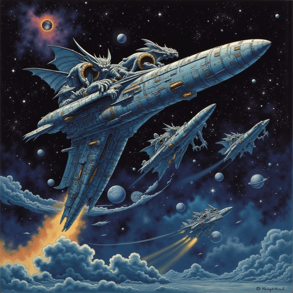 Spaceship with Gargoyles Journeys to Venus Amidst Galactic S...