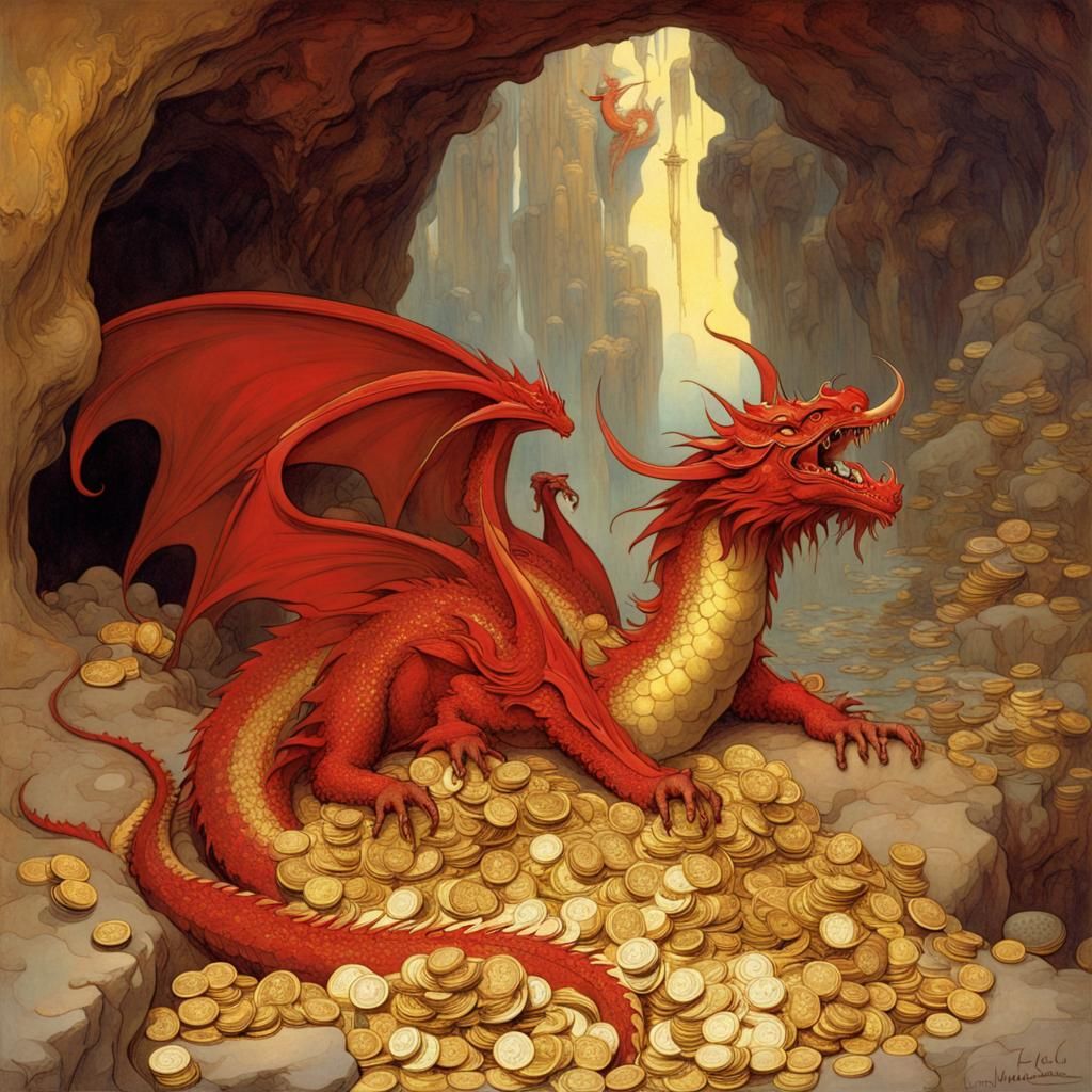 Red Dragon Guarding Gold, Art Nouveau Style