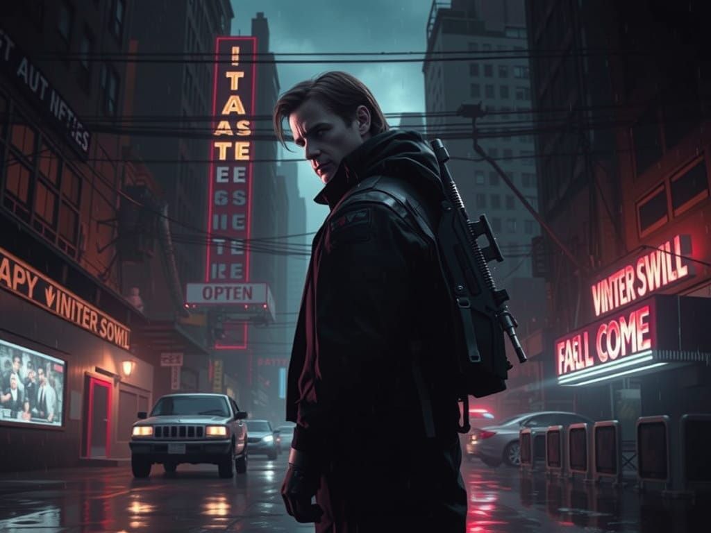 The Winter Soldier in a Futuristic Urban Landscape