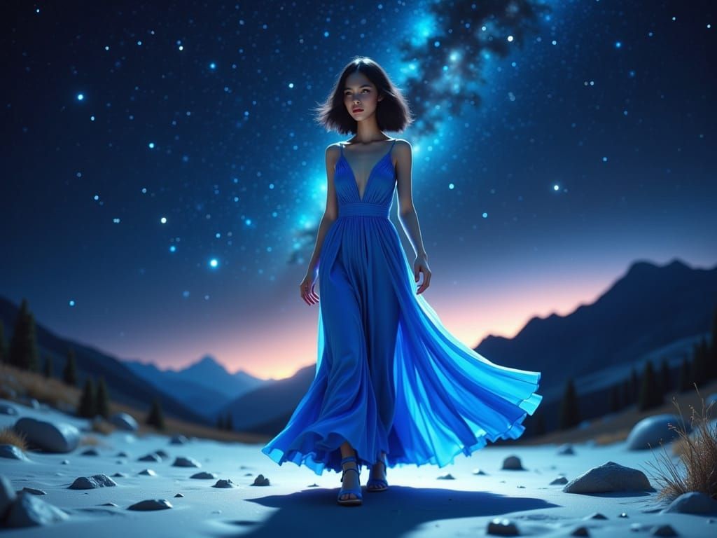 Enchanted Woman Walking Under Starry Night Sky