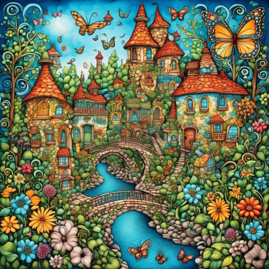Colorful Zentangle Village in Fairy Tale Style