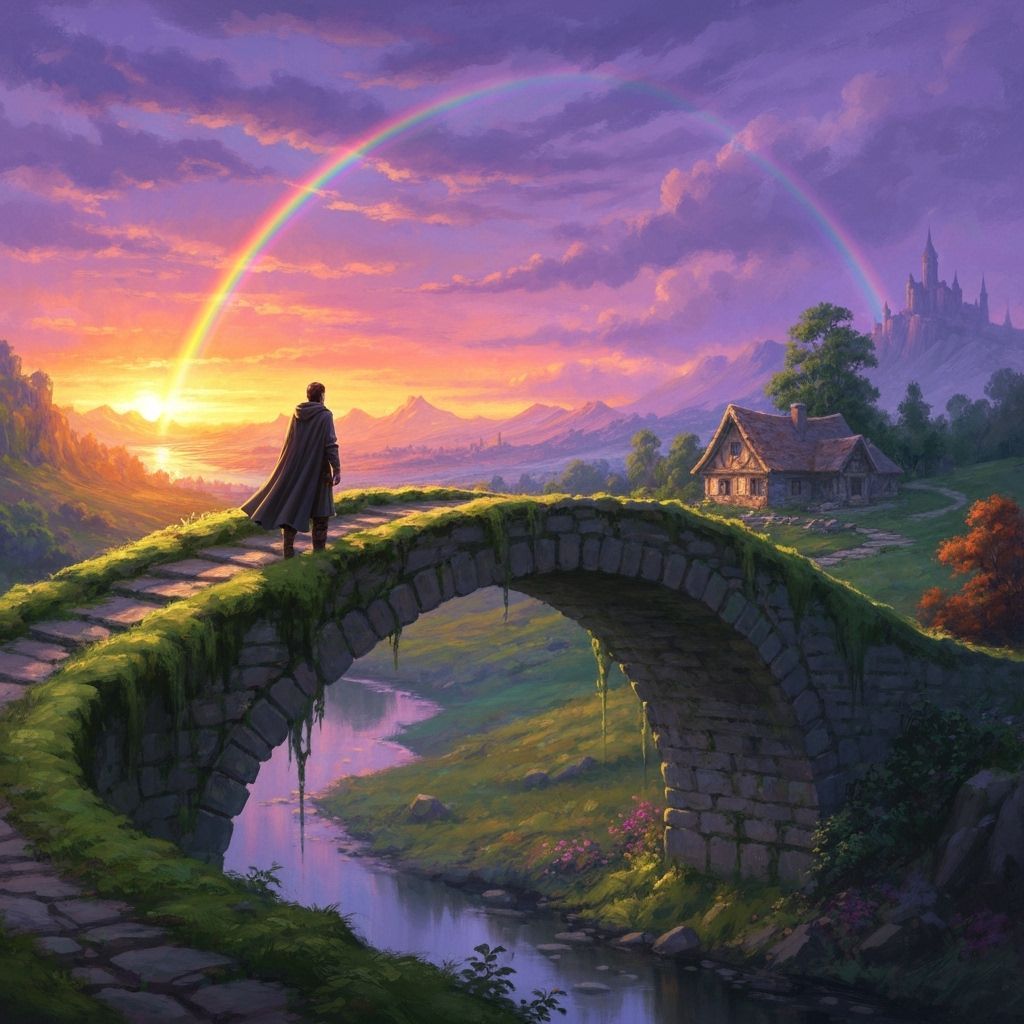Man on Bridge Gazing at Sunset Landscape with Castle
