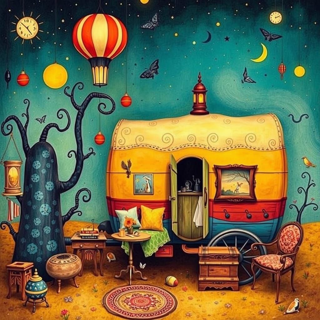 Whimsical Gypsy Wagon Interior in Vibrant Colors