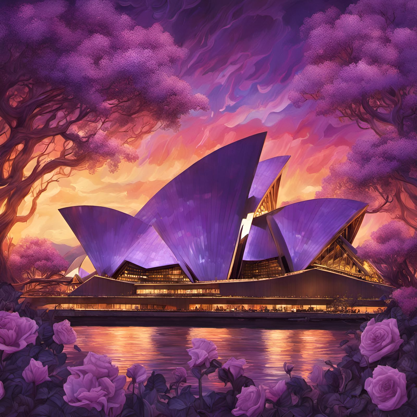 Sydney Opera House In A Beautiful Jacaranda Tree Forest, Riv...