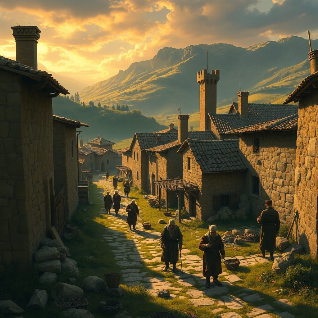 Villagers in Traditional Attire Amidst Ancient Stone Buildin...