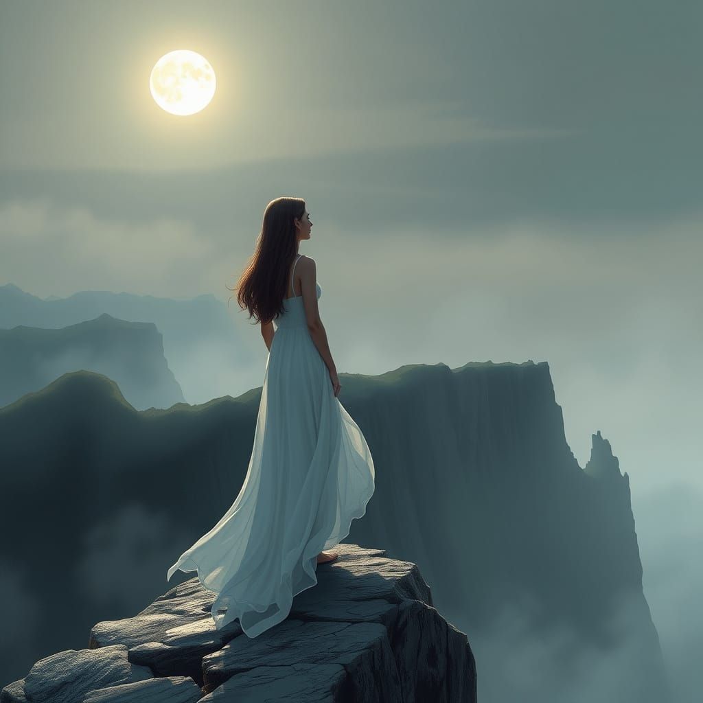 Moonlit Woman on Cliff in Dreamy Digital Art Style