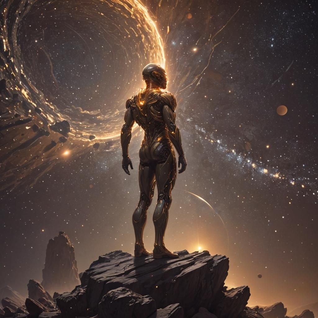 Celestial Figure in Sci-Fi Landscape