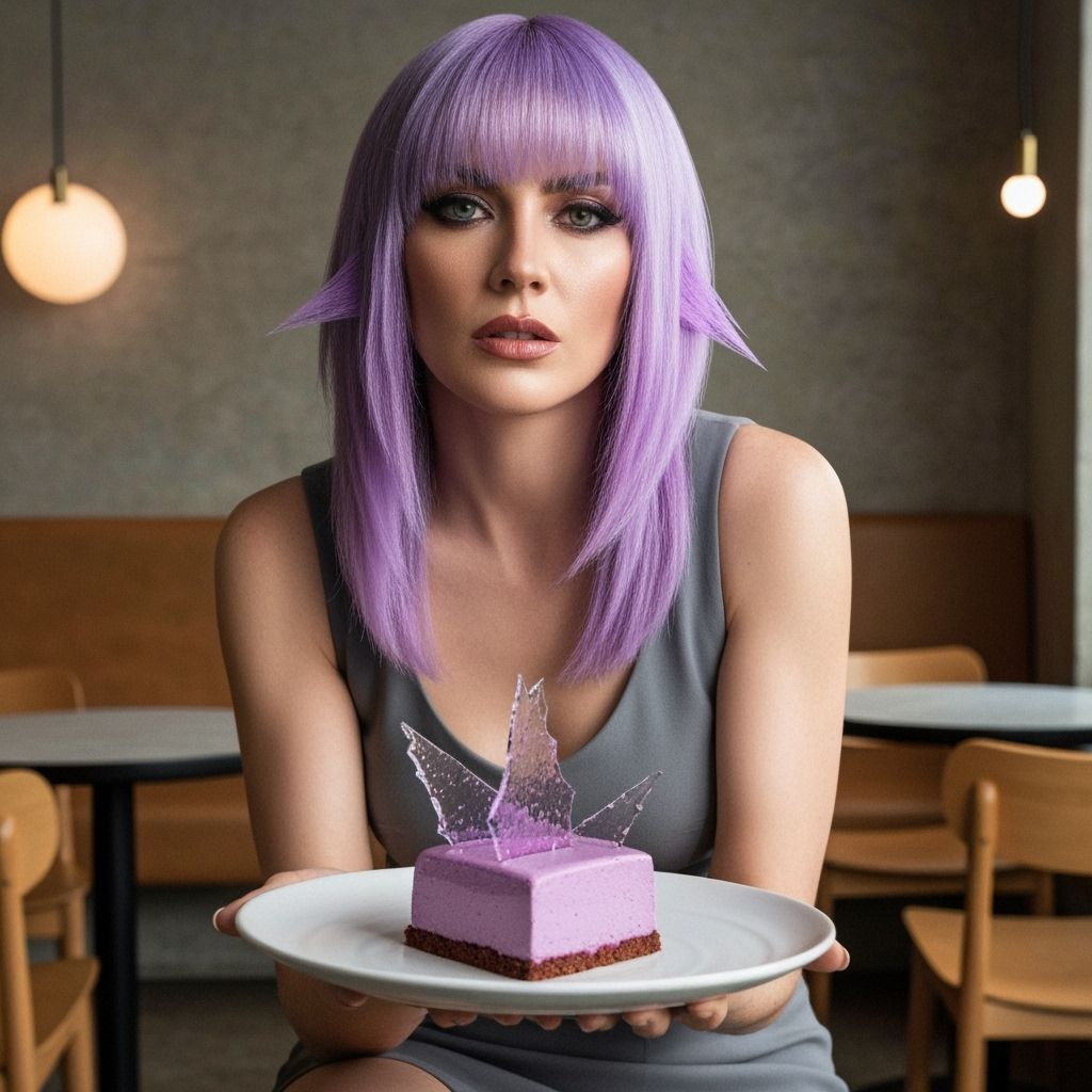 Woman with Violet Hair and Mousse Dessert