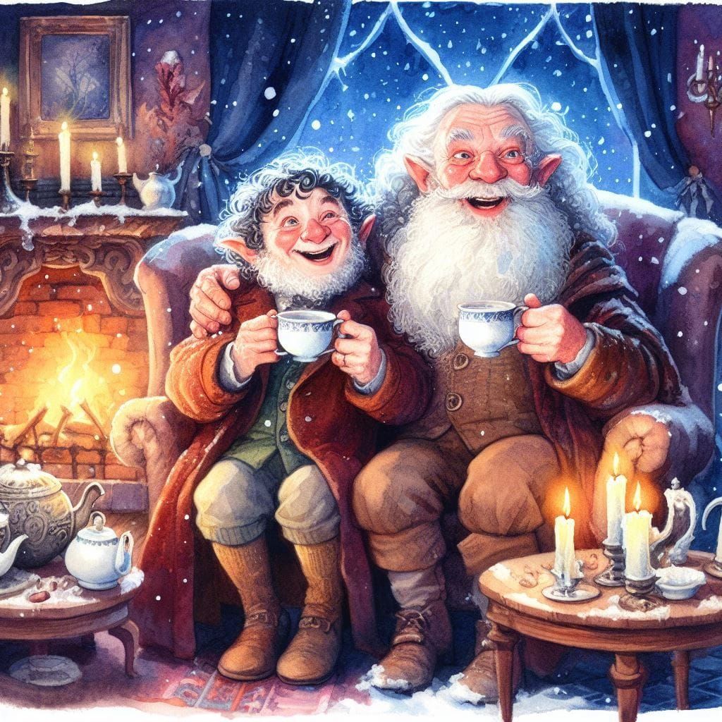 Watercolor Portrait of Two Men Enjoying Tea