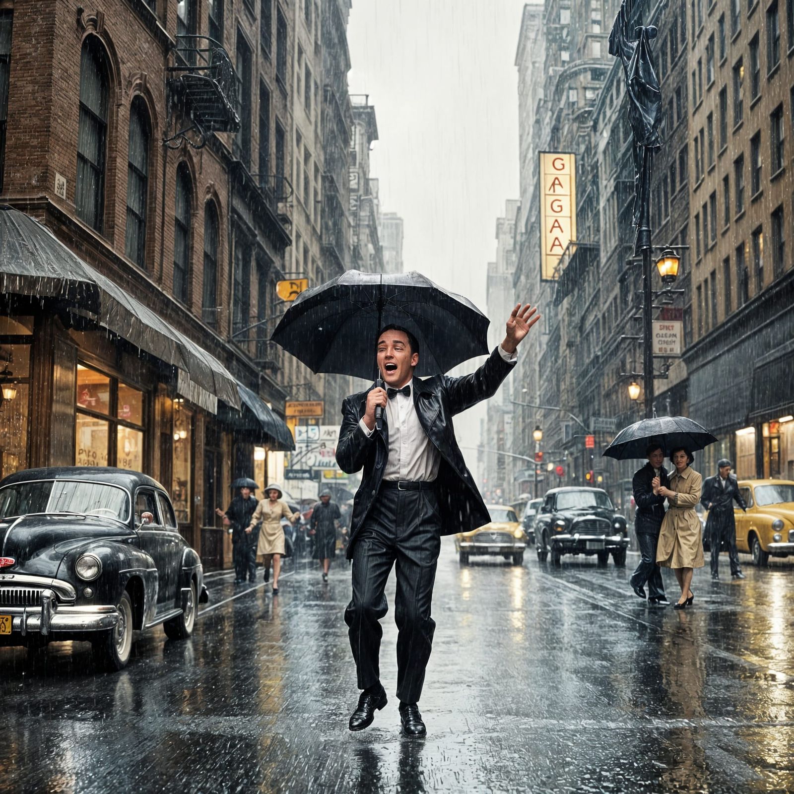 Gene Kelly Dancing in the Rain on a New York Street