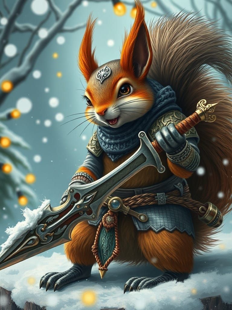 Fantasy Squirrel Warrior in Chainmail, Sword at the Ready, W...