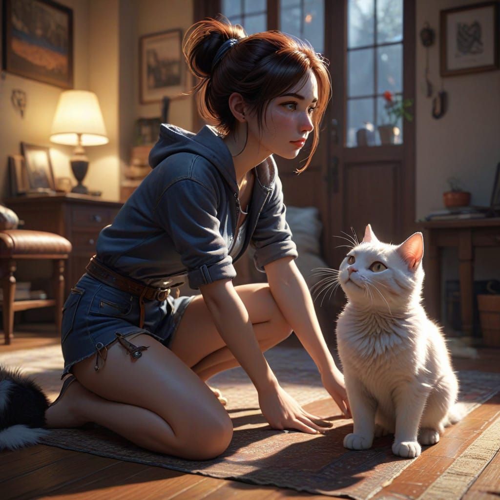 Woman and Cat Face Off in Cozy Disney Pixar Style Living Roo...