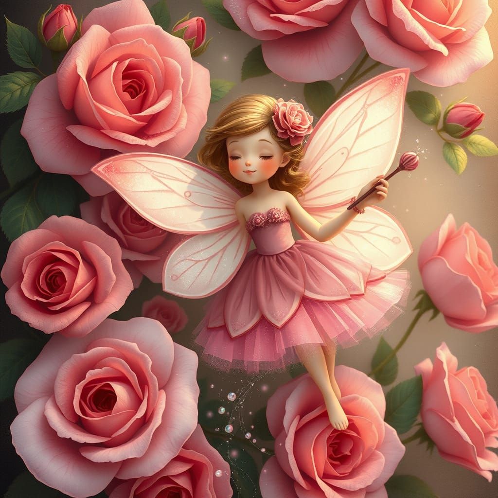 Whimsical Fairy Amidst Roses in Soft Pink Hues