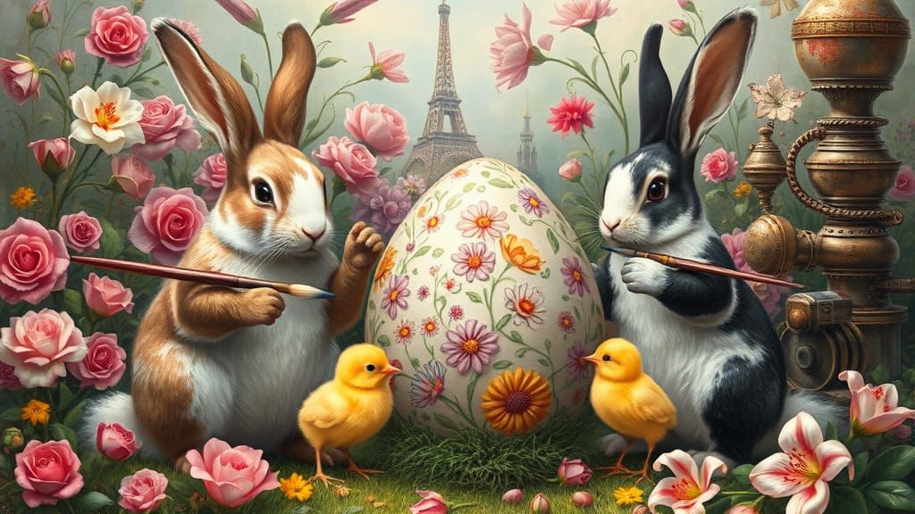 Rabbits and Chicks Painting Easter Eggs in Fairy Tale Landsc...