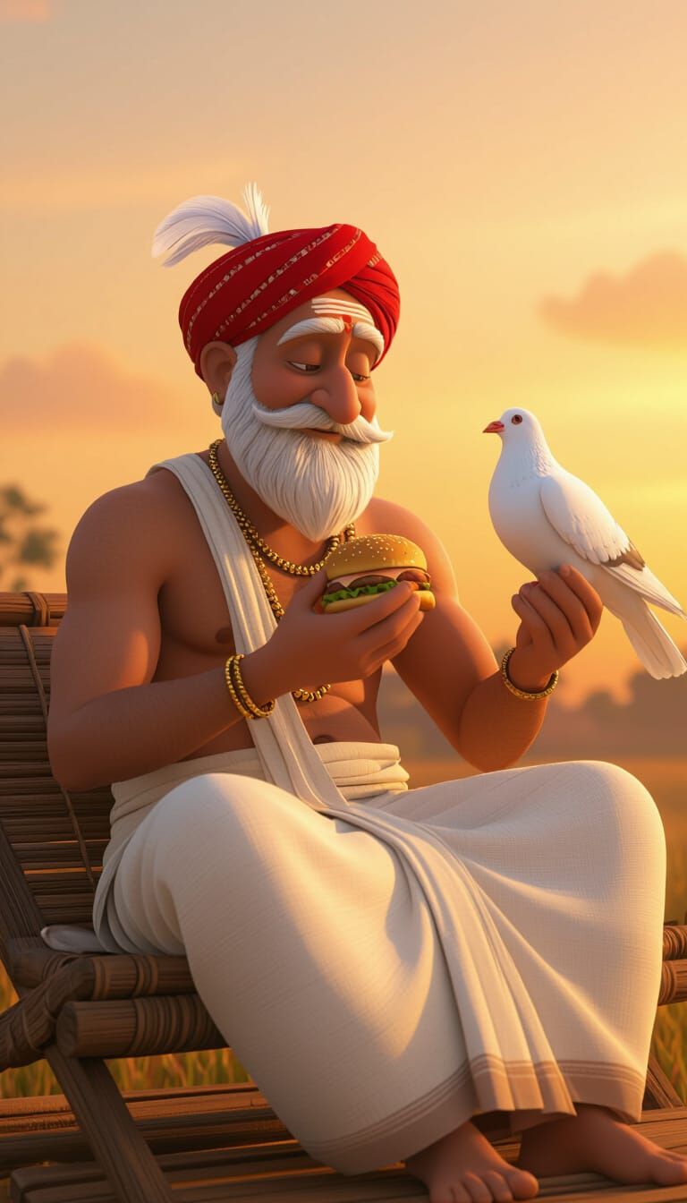 Indian Farmer Feeding Pigeon, Pixar-Style 3D Cartoon