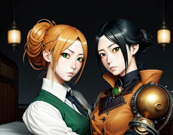 Kemono Twin Sisters Kissing in Steampunk Anime Style