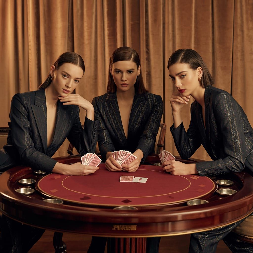 Elegant Models at Poker Table with Playing Cards