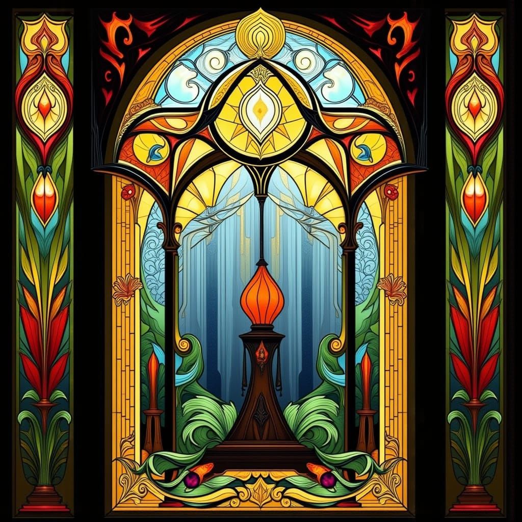 Art Deco Stained Glass Window in Surreal Style