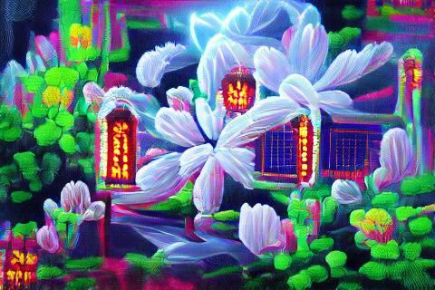 Chinese Palace in Spring: Neon Pixel Art