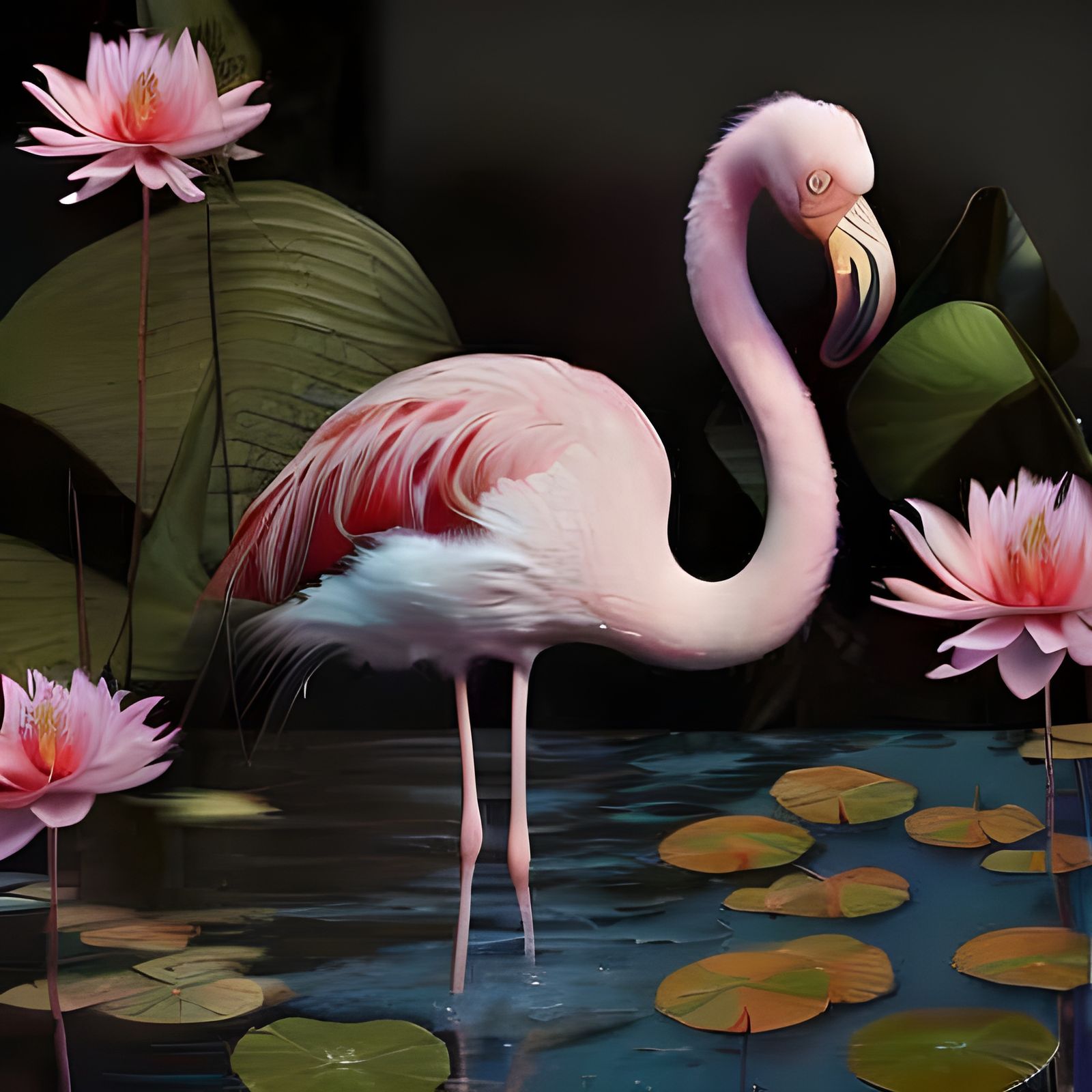 Flamingo among lily pads and lotus