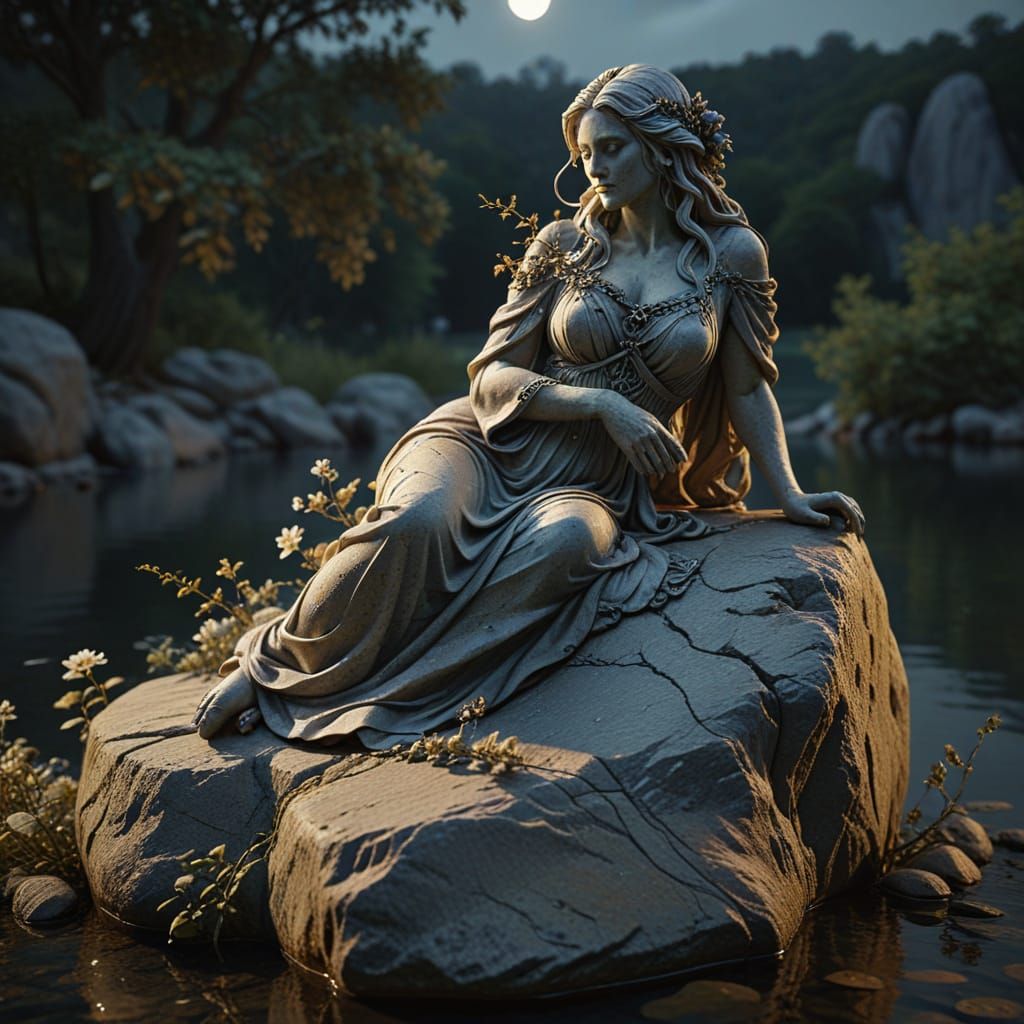 Granite Witch Sculpture by Moonlit Lake