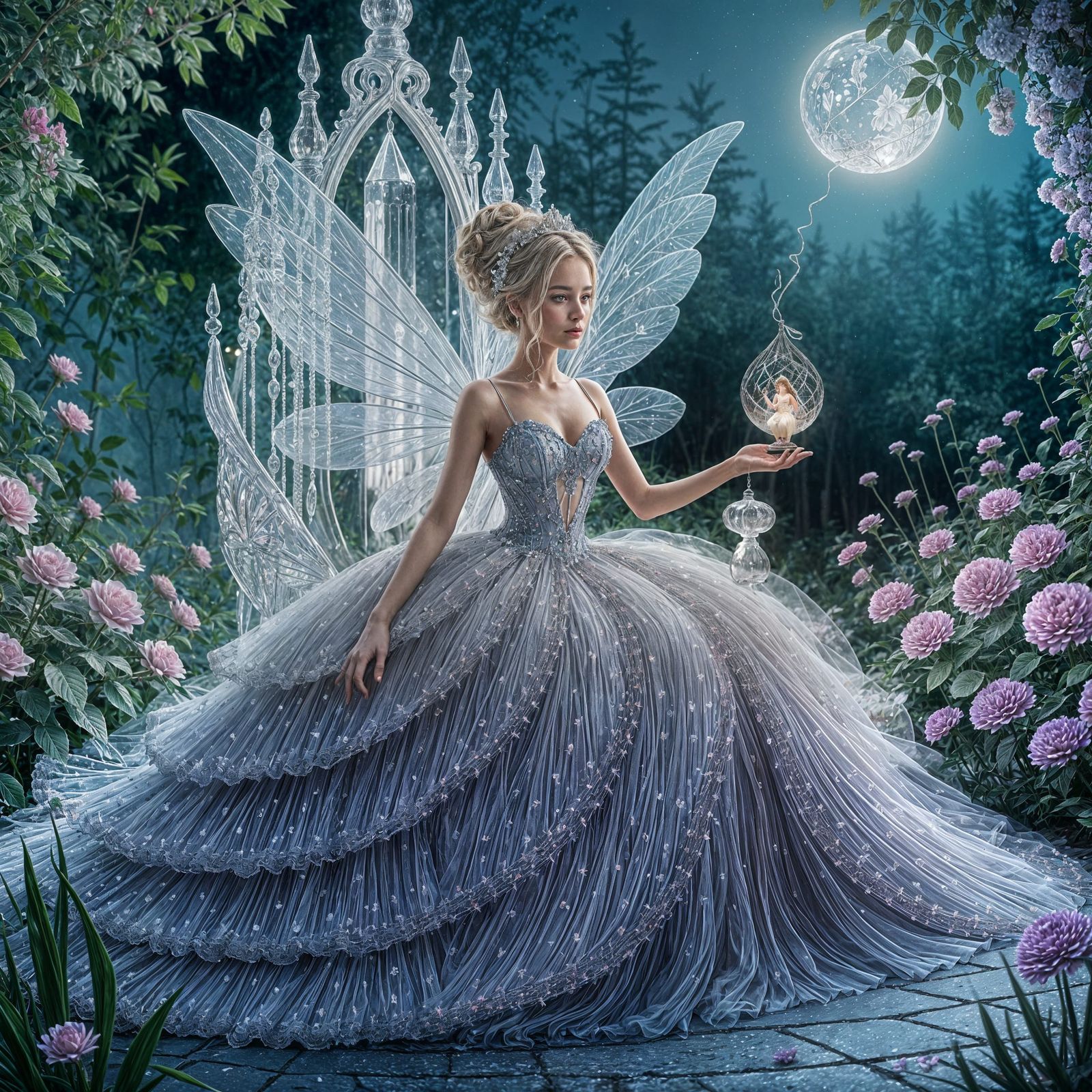 Fairy Queen on Crystal Throne in Moonlit Garden
