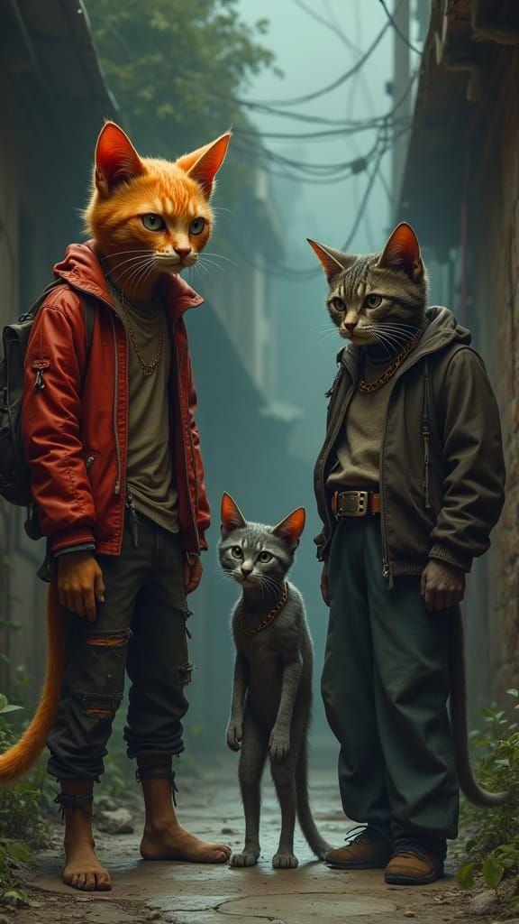 Stray Humanoid Cats in a Dystopian Alley