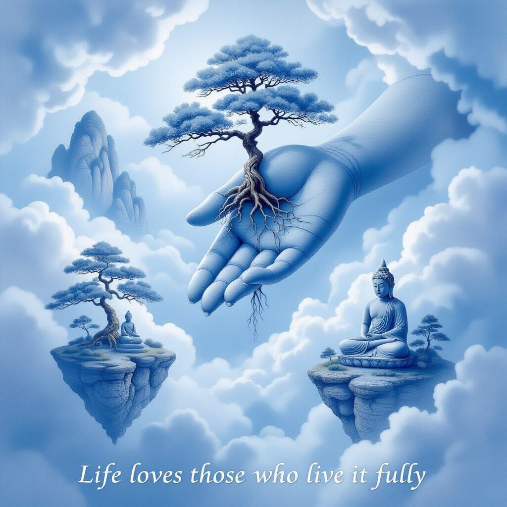 Blue and White Porcelain Style Image of Giant Hand and Buddh...