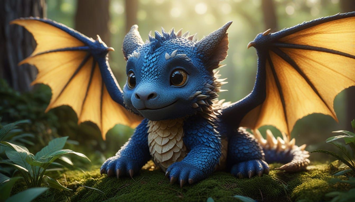 Royal Blue Baby Dragon Hugs Teddybear in Forest