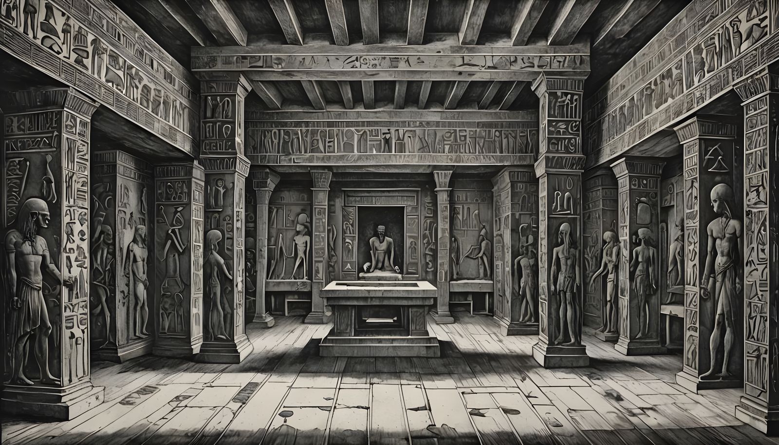 Ancient Egyptian Stone Chamber in Monochromatic Wood Cut Sty...