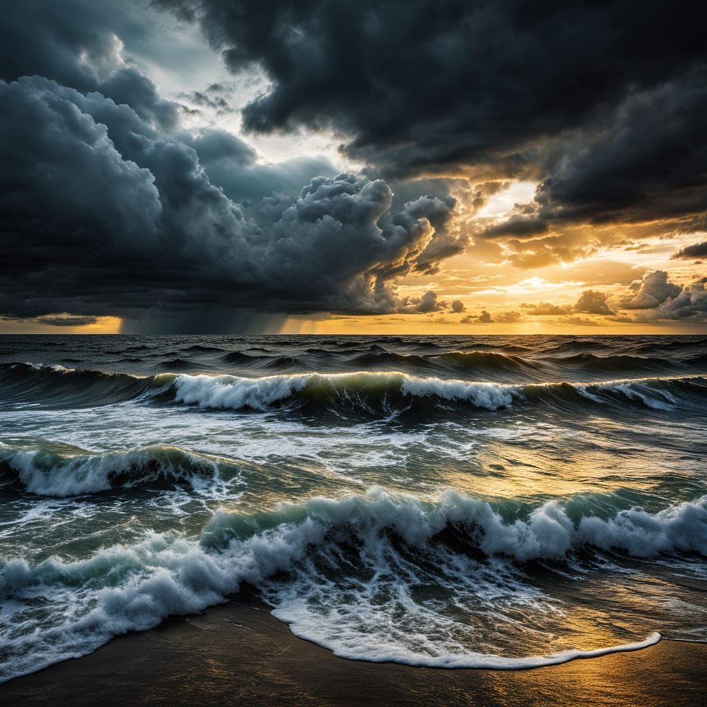 Dramatic Seascape with Golden Light Over Turbulent Waves