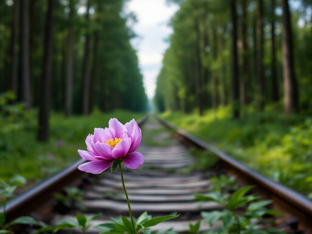 A Purple Peony Blooms Beside Abandoned Railway Tracks in Ser...